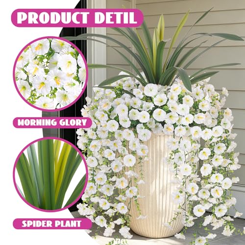 8 Bundles Fake Artificial Morning Glory Flowers for Outdoors+Ochid Faux Greenery Plants UV Resistant Weatherproof for Indoor Outdoor Garden Patio Window Box Home Decor - color: White