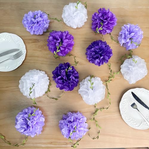 Ombre Purple White Party Decorations Lavender White Tissue Paper Flowers Pom Pom with Leaf Ribbon Hanging Garland Streamer for Birthday Baby Shower Bachelorette Wedding Lilac Violet Party Supplies - color: Purple