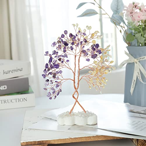 mookaitedecor Natural Citrine & Amethyst Crystal Tree with Double Heart Rock Quartz Crystal Cluster Stone Base Bonsai Money Tree of Life Home Wedding Decoration - color: Purple & Yellow