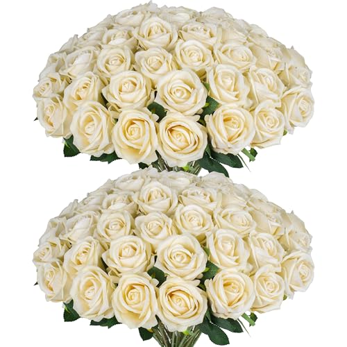 50 PCS Fake Champagne Roses, Artificial Flowers Bulk Realistic Silk Faux Rose with Stems for Wedding Decorations, Bridal Bouquets, Mother's Day Thanksgiving DIY Floral and Home Decor - color: Champagne, size: 50 Pcs