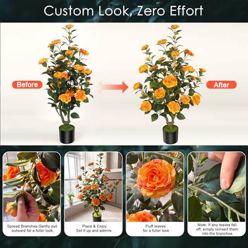 2Pack 39.37"/3.28FT Artificial Camellia Trees with 32 Flowers in Cement Pots – Lifelike Fake Trees for Front Porch, Home, Indoor Outdoor Spring Decor, Office or Housewarming Gifts (Orange) - color: Orange, size: 3ft 3inx2