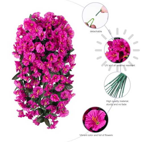 HyeFlora Artificial Fake Hanging Flowers Plants for Outdoor Outside Decoration, 2PCS Faux Silk UV Resistant Look Real Fuchsia Morning Glory Trailing Vines for Home Planter Porch Patio - color: Fuchsia 2