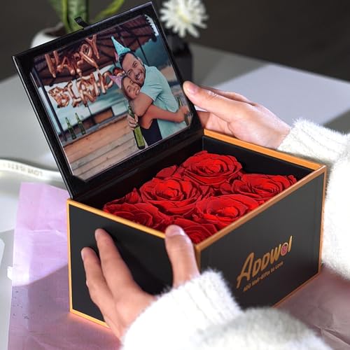 ADDWel Preserved Rose Gift Box with 4x6 Photo Frame, Romantic Flower Gifts for Women, Wife or Girlfriend, 6 Eternal Roses for Delivery on Christmas, Birthday, Anniversary, Valentine’s Day - color: Red