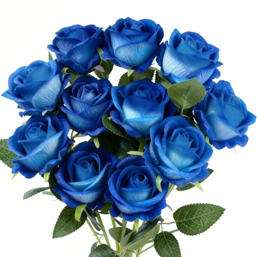 Jasion 12PCS Artificial Roses Realistic Velvet Silk Flowers Long Stem Faux Flowers Bouquet for Wedding Home Party Table Centerpieces Decorations (Blue) - color: 12pcs Blue
