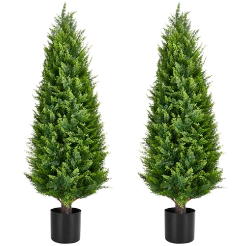 Artificial Topiary Tree 2-Set - 4 Feet Tall UV Protected Faux Cedar Pines - Outdoor & Indoor Decor - Heavy Duty Pots - Realistic Fake Tree - Artificial Plants Outdoor - size: 48in