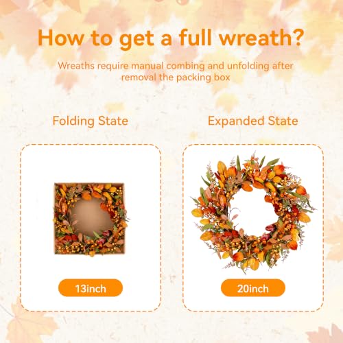 20" Fall Wreath Front Door Pumpkin Artificial Wall Decor Farmhouse Autumn Wreath Thanksgiving Home Porch Outdoor Indoor Holiday Harvest Decor - color: Beige, size: 20''