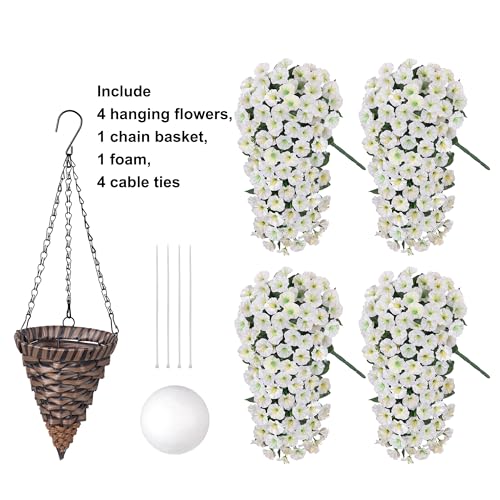 HyeFlora Artificial Faux Hanging White Flowers Plants Basket for Outdoor Outside Christmas Winter Decor, Fake UV Resistant Realistic Morning Glory Flowers for Porch Home Balcony Yard Patio Decoration - color: White Morning Glory
