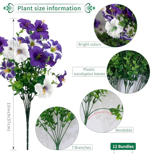12 Bundles Artificial Flowers for Outdoors Fake Plants Spring Summer Decor, Realistic Fake Silk Flowers Colorful Morning Glory UV Resistant for Porch Outside Planter Porch Patio Yard (Purple-White) - color: White-purple, size: 12PCS