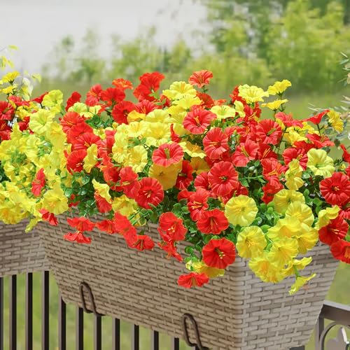 HyeFlora Artificial Flowers for Outdoors Fake Plants Outside Decoration, 12 Bundles Silk Colorful Morning Glory with Eucalyptus UV Resistant Realistic Faux Flowers for Planter Porch Patio Yard Garden - color: 2 Mixed(6 Yellow, 6 Orange)