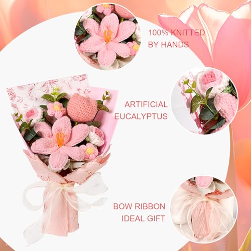 Crochet Flowers Bouquet - Handmade Tulips Roses Daisies Knitted Flowers for Mother's Day Wedding Anniversary Birthday Teacher Appreciation Gifts Home Decor Pink - color: Pink