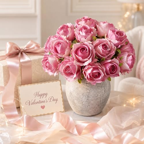 Ivydale 18pcs Pink Roses Artificial Flowers, Fake Roses Silk Flowers with Stems Realistic Bouquet for Wedding Party Mother's Day DIY Centerpiece Floral Romantic Gifts - color: Rose-a Pink