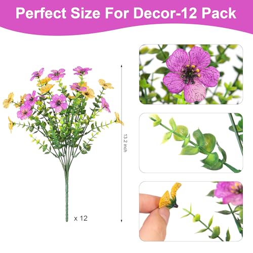 Artificial Fake Mums Flowers for Outdoor Spring Summer Decor, 12 Bundles Faux Silk Plants Daisy for Planter Pot Colorful UV Resistant Look Real for Front Door Porch Patio Outside Yard(Purple Yellow) - color: Purple Yellow