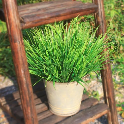 Faux Outdoor Plants 12 Bundles Artificial Boxwood Shrubs Grass Fake Greenery Green Plastic Leaf for Groud Planter Front Porch Patio Decor (12 Bundles Green Grass Plants) - color: 12 Bundles Green Grass Plants