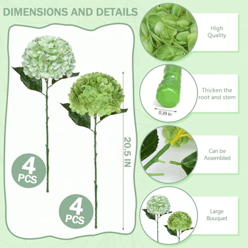8pcs Hydrangea Artificial Flowers Green Silk Fake Flower Bouquets Faux Hydrangea with Stems for Home Table Centerpieces Wedding Party Decoration (Dark Green, Light Green, 8 PCS) - color: Dark Green, Light Green
