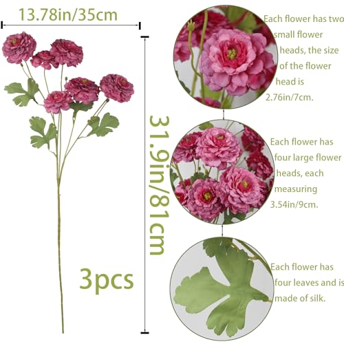 3 Pcs Artificial Flowers Spring Summer Rose Red Zinnia Silk Flowers with Long Stems Zinnia Elegans Artificial Flowers for Outdoors Floral Arrangements Table Centerpieces Wedding Party Home Decor - color: Rose Red