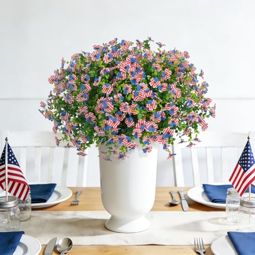 ADXORA 12 Bundles Artificial Flowers,Faux Plants for Spring Summer Decoration, UV Resistant Colorful Violets Eucalyptus for Outside Home Planter Porch Patio Yard Décor (Red,Blue,White) - color: Red,blue,white