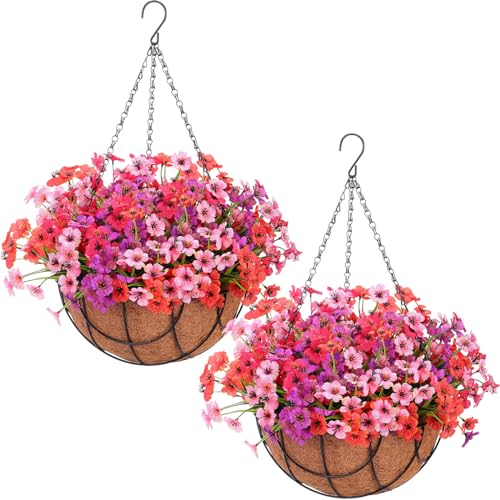 Beeveer 2 Pack Artificial Hanging Flower Basket for Outdoor Decoration Faux Orchid Hanging Plants with Coconut Lining Basket Fake Arrangement for Porch Courtyard Decor(Mixed, 2 Pack) - color: Mixed
