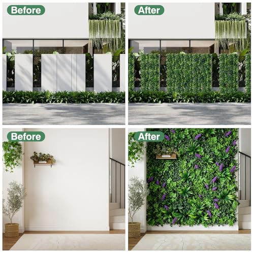 12Pcs 10"x10" Artificial Grass Wall Panels, Privacy Fence Screen Green Decor Backdrop, UV-Anti Fake Hedge Greenery Plant Wall Boxwood Panels Outdoor Indoor Wedding Garden Backyard (Purple Flowers） - color: Green+purple, size: 12 Pcs-10" x 10"