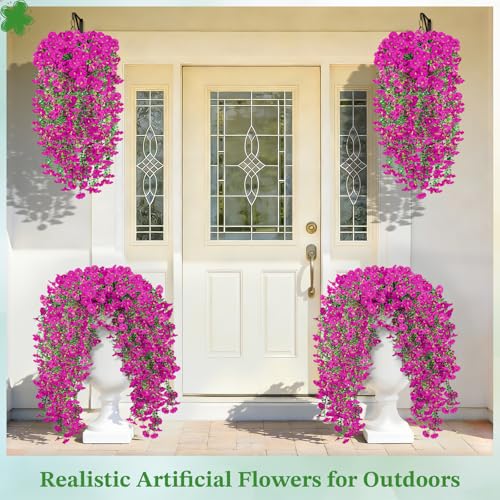 Artificial Hanging Flowers for Outdoors, 6Pcs UV Resistant Morning Glory Fake Flowers Outdoors Decorations, Realistic Silk Faux Hanging Plants Decor for Outside Planter Porch Patio (Lotus Color) - color: Lotus Color