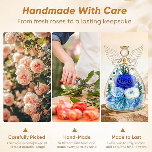 Preserved Rose in Glass Angel Figurine, for Mom/Wife/Grandma, Forever Flowers Rose Anniversary, Graduation or Birthday Gifts for Women Her - color: Blue