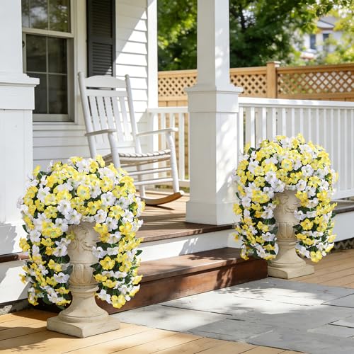 Ivydale Artificial Hanging Flowers for Outdoors, Faux Morning Glory 2Pcs UV & Fading Resistant Silk Flower for Porch Patio Balcony Planter Yard (Yellow) - color: Yellow
