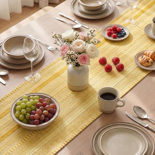 Artoid Mode Yellow Farmhouse Woven Table Runner, Seasonal Holiday Rustic Kitchen Dining Table Decoration for Home Party Decor 12x72 Inch - color: Yellow, size: 12" x 72", Table Runner