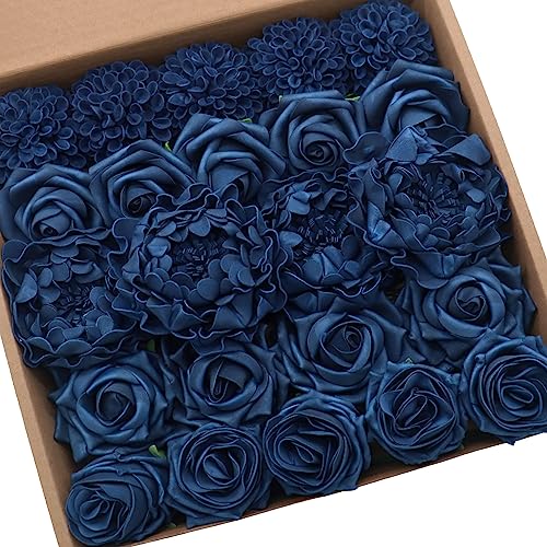 Navy Blue Artificial Flowers Combo Mixed Flowers with Stem for DIY Wedding Bouquets Centerpieces Baby Shower Party Home Decorations - color: Classic Navy Blue