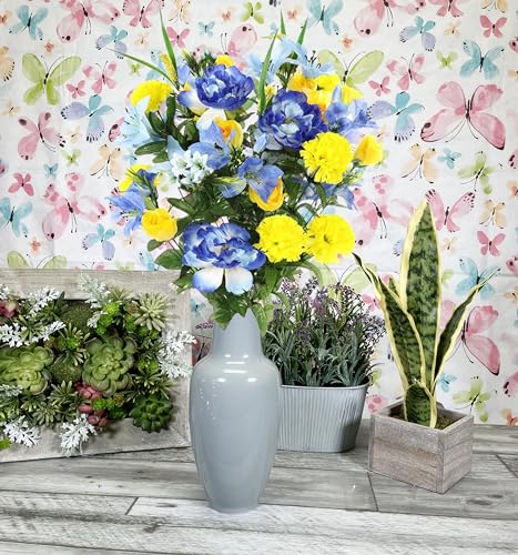 Admired by Nature 40 Stem Artificial Flowers Roses Lily Peony Mixed Bush Spring Faux Flower Arrangement - for Indoor Outdoor Wedding Home Decor, Cemeteries and Funerals, Events, Crafts - Blue/Yellow - color: Blue/Yellow
