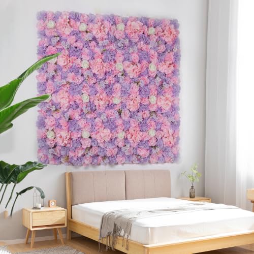 Flower Wall Backdrop 6 Piece of 16.5x16.5 Inch Artificial Floral Wall Panel Faux Silk Rose Wall Decor Ideal for Wedding Celebrations, Festive Party Backdrops, and Home Decor-Pink and Purple - color: Pink and Purple, size: 16.5inch