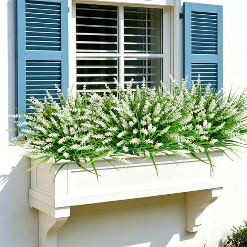 20Pcs Fake Plants Artificial Flowers Monkey Grass for Outdoors，UV Resistant Realistic White Artificial Plants Outdoor，No Fade Greenery Shrubs Outside Decor for Courtyard Porch Patio Garden - color: White, size: 20Pcs