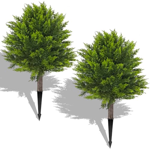 Artificial Cypress Topiary Ball Set of 2, 24” Faux Shrub Bushes with Ground Spike, UV Resistant Fake Evergreen Plants Tree for Porch Outdoor Planters Indoor - color: Cypress