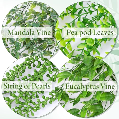 SHENLIU Artificial Hanging Plants for Shelf, 4 Pack Fake Potted Greenery Plant Faux Eucalyptus Vine, Mandala Vine, String of Pearls, Pea pod Leaves in Pot for Office Home Garden Indoor Outdoor Decor