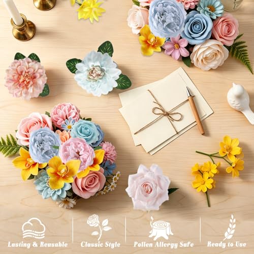 Artificial Flowers Combo, Yellow Blue Pink Silk Flowers Roses Dahlia Mix, Fake Flowers with Stems for DIY Bridal Bouquets Floral Arrangement Table Centerpieces Home Wedding Cake Decorations - color: Pink, Blue, Yellow