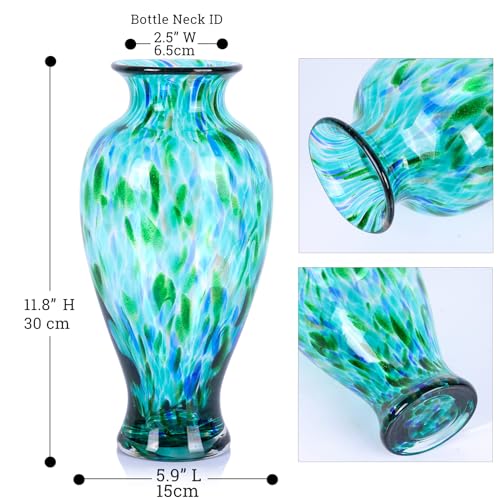 11.8" Tall Blown Teal Glass Vase, Green Opaque Glass Vase, Unique Design Turquoise Wide Mouth Art Decoration for Home, Living Room, Dining Table, Pampas Grass Decor (Greener) - color: Greener