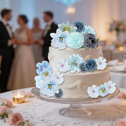 27 Pcs Small Silk Artificial Faux Flowers for DIY Craft Supplies for Wedding Party Graduation Home Decor (Blue) - color: Blue
