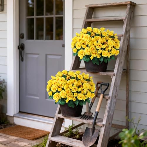 Juxdp 2 Set of Artificial Rose Topiary Trees - Faux Silk Flower Potted Plant, UV Resistant Fake Outdoor Rose Bush for Front Door, Farmhouse, Porch, Garden Decor (Yellow) - color: Yellow