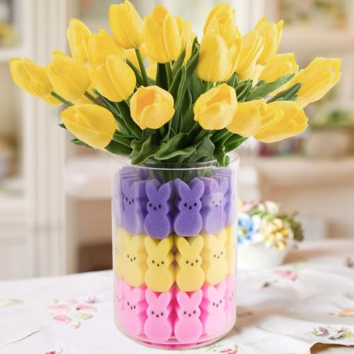 ORIENTAL CHERRY Easter Decorations - Easter Peeps Decor - 15 Artificial Tulips with 45 Bunnies Vase Filler Set, Spring Home Indoor Decoration Centerpieces for Tables - style: 15 Yellow Tulips with 45 Peeps Bunnies