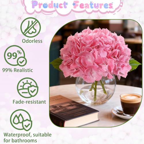 Deep Pink Artificial Hydrangea Flowers in Glass Vase with Faux Water, 3 Stems Lifelike Fake Floral Arrangement, UV-Resistant Odorless Centerpieces for Dining Table Home Office Decor (7.9") - color: Deep Pink Hydrangea