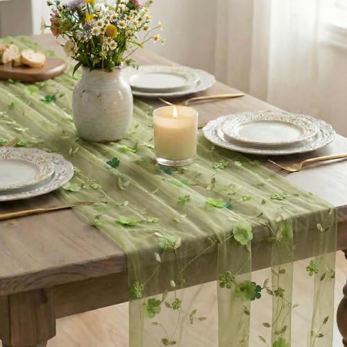 Artoid Mode 3D Flower Green Gauze Embroidery Table Runner 120 Inch 10FT, Tulle Seasonal Spring Kitchen Dining Holiday Table Decor for Home Party - color: Green