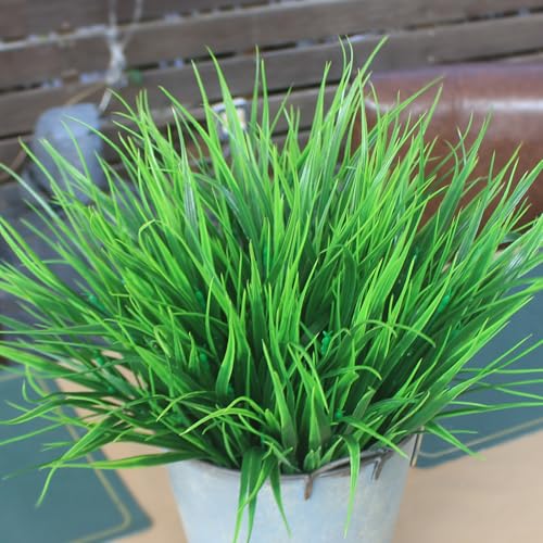 Faux Outdoor Plants 12 Bundles Artificial Boxwood Shrubs Grass Fake Greenery Green Plastic Leaf for Groud Planter Front Porch Patio Decor (12 Bundles Green Grass Plants) - color: 12 Bundles Green Grass Plants