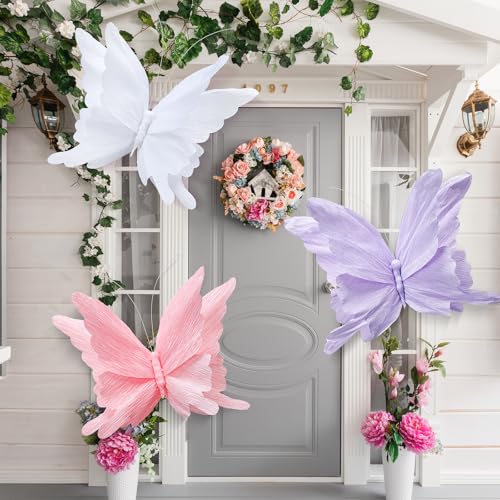 3 Pcs 3D Large Hanging Butterfly Decorations Large Butterfly Birthday Party Decorations 3D Crepe Paper Decoration for Wedding Party Birthday Baby Shower Garden(Purple, Pink, White,20 Inch) - color: Purple, Pink, White, size: 20 inch