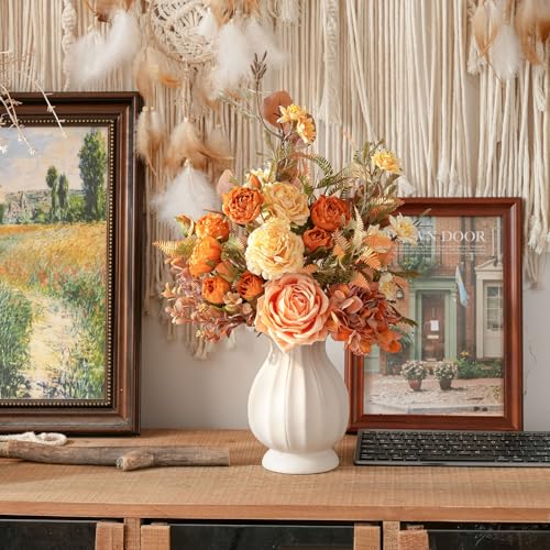 17-inch Artificial Fake Flowers Silk Flower Arrangements Faux Bouquets Consists of Ranunculus, Wild Chrysanthemums, Roses, Hydrangeas and Some Filler Greens - color: Sunset Blush