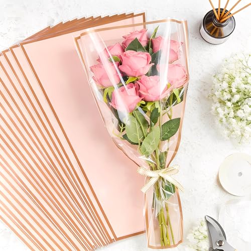 50 Sheets 18" x 11" Pink Flower Bouquet Wrapping Bags Plastic Paper Sleeves, Total 154Pcs RibbonsX3 Pruning ShearsX1 Card HolderX50 CardsX50 Floral Bouquets Bag for Flowers Bar Graduation Wedding - color: Pink 50 Sheets Gold, size: 18 x 11 inch