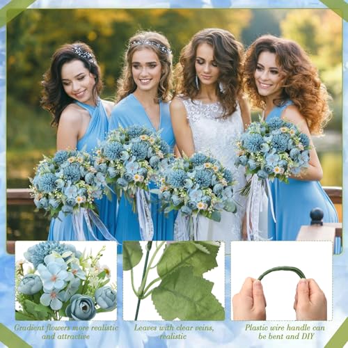 Tigeen Peonies Artificial Flowers Faux Roses Silk Flowers Hydrangea Artificial Bouquet for Wedding Table Centerpiece Floral Vase Home Office Bridal Decor(Mist Blue,12 Bundles) - color: Mist Blue