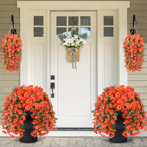 Sggvecsy Artificial Fake Hanging Flowers Plants for Outdoor Outside Spring Summer Decoration 2PCS Faux Silk UV Resistant Realistic Morning Glory Trailing Vines for Home Porch Patio Balcony(Orange) - color: Orange, size: 2Pcs