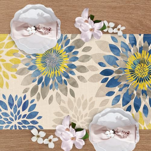 Geometric Dahlia Flower Dining Table Runner, Blue Yellow Floral Modern Art Burlap Kitchen Decoration, Spring Summer Farmhouse Indoor Outdoor Home Decor Party Supply 13 x 72 Inches - color: Dahlia, size: Table Runner 13''X72''