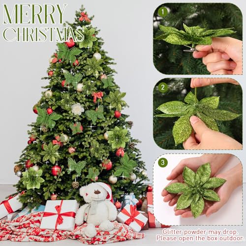 Thiccywoov 122 Pcs Christmas Glitter Poinsettia Artificial Flowers Berry Picks Butterfly Christmas Tree Ornaments 3 Styles Poinsettia kit with Clip for Xmas Wreath Home Tree Decor(Green) - color: Green