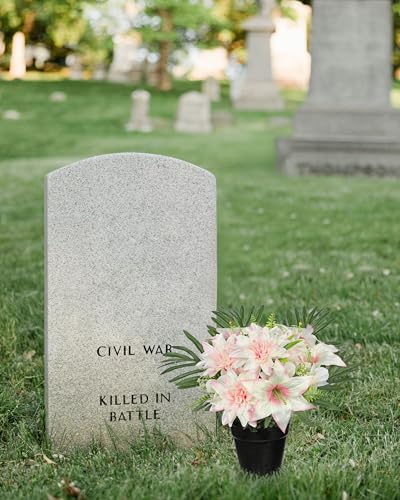 Hollyone Artificial Cemetery Flower for Graves, White Pink Faux Lily Dahlia Flowers in Pot Silk Cemetery Memorial Flowers for Outdoors Gravesites Headstones Home Decoration - color: Pink-dahlia Lily