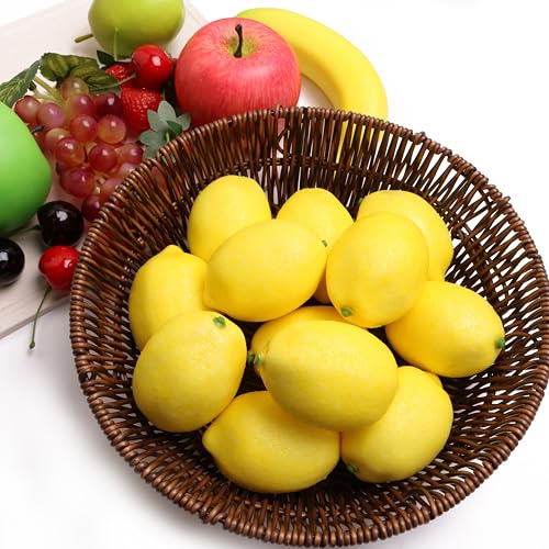 12PCS Artificial Lemons Fake Fruit Realistic Simulation Lemon Decor for Kitchen Counter Table Centerpiece, Thanksgiving Christmas Home Decoration, DIY Craft Filler for Glass Jar Vase - color: 12pcs Yellow Lemon