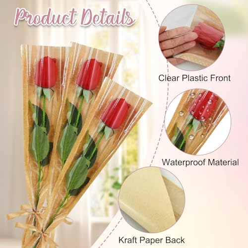 BEISHIDA 100 Pcs Single Rose Sleeve Bouquet Bags Kraft Paper Flower Bouquet Wrapping Paper Clear Single Flower Sleeve Rose Packaging For Mother's Day,Graduation,Wedding,Valentine's Day(15.7 X 4.7) - color: single-kraft-clear